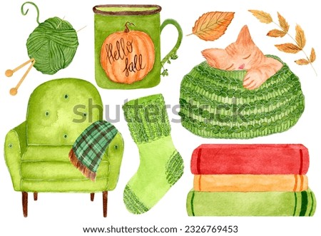 Big watercolor collection, various autumn interior elements, decor, clothes, leaves isolated on white background. For various seasonal products, card, etc.
