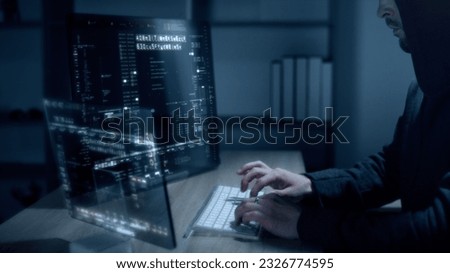 Futuristic cyber hacker operating under the guise of Anonymous, employs advanced algorithms to infiltrate cybersecurity systems and exploit vulnerabilities in password security. Concept : Cyber Hacker Royalty-Free Stock Photo #2326774595