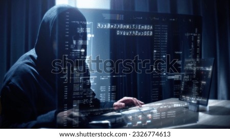 Futuristic cyber hacker operating under the guise of Anonymous, employs advanced algorithms to infiltrate cybersecurity systems and exploit vulnerabilities in password security. Concept : Cyber Hacker Royalty-Free Stock Photo #2326774613