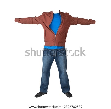 dark blue jeans,blue t-shirt ,red bomber jacket and black leather shoes  isolated on white background 