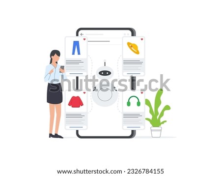 Flat vector illustration of AI robot assists woman in product selection on mobile e commerce platform, providing personalized suggestions based on AI algorithms. Royalty-Free Stock Photo #2326784155