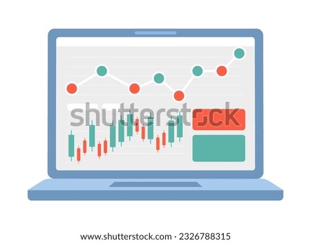 Laptop screen with diagram and charts semi flat colour vector object. Editable cartoon clip art icon on white background. Financial operations progress. Simple spot illustration for web graphic design
