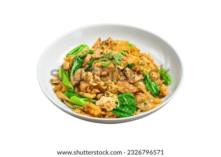 Isolate picture, white background, of stir-fried pork with vermicelli and kale