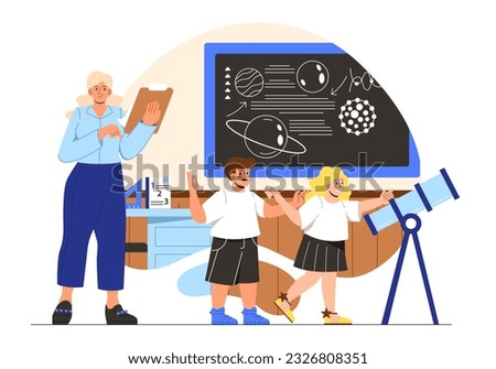 Teacher with students concept. Woman with small boy and girl in front of telescope. Education, learning and training. Astronomy and astrology, physics. Cartoon flat vector illustration