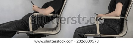 How to sit correctly, bad and good posture. A girl with a mobile phone sits on a chair. Posture concept. Royalty-Free Stock Photo #2326809573