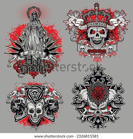 set, gothic sign with skull, grunge vintage design t shirts
