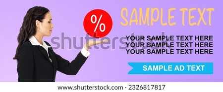 Ad concept photo - profile side businesswoman show, hold, give, demonstrate, advertise product. Business woman looking at her hand, isolated violet purple background. Sample text, percentage sign