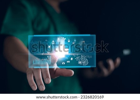 Medicine doctors diagnosis and  take note electronic medical record. DNA. Digital healthcare and network connection on hologram modern virtual interface, medical technology and futuristic concept.