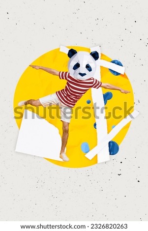 Photo collage artwork minimal picture of funny carefree guy wear panda mask having fun isolated creative background