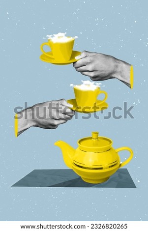 Poster picture collage magazine image of people spending free time enjoy delicious tea relax rest yellow blue colors drawing background