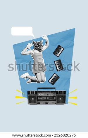 Photo cartoon comics sketch collage picture of wild cat head lady listening boom box cloud empty space isolated creative background