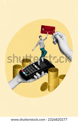 Collage image poster picture of funky positive guy buy purchase nfc cashless payment emoney eommecre isolated on painted background