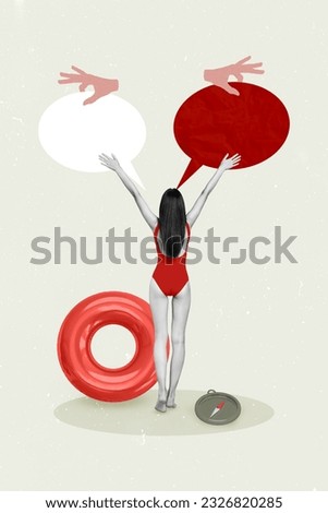 Collage picture of woman wearing red bikini swimsuit speaking dialogue bubble cloud inflatable ring summertime isolated on grey background