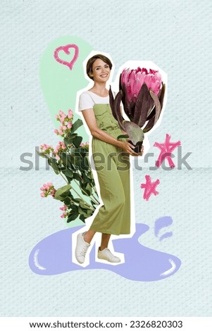 Vertical collage image of cheerful charming girl arms hold fresh flower painted heart puddle isolated on paper background