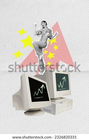 3d photo artwork graphics collage painting of funky lacky lady rising fists celebrating crypto currency growth isolated drawing background