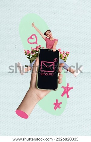 Vertical composite creative photo collage of funny carefree happy girl hold smartphone read income messages isolated painted background