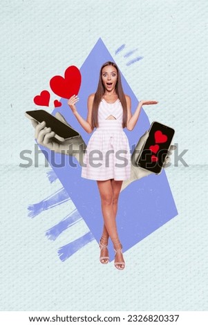Vertical collage of astonished girl arm hold heart like symbol big black white colors arms hold smart phone isolated on paper background