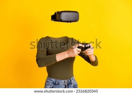Picture photo sketch collage of weird unknown unusual girl hold playstation vr goggles fantasy effect isolated on yellow color background