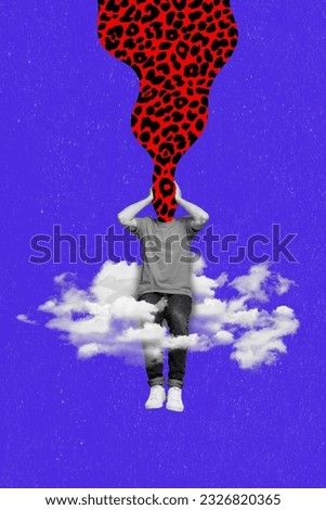 Collage artwork picture of strange guy leopard print head imagination isolated blue color background