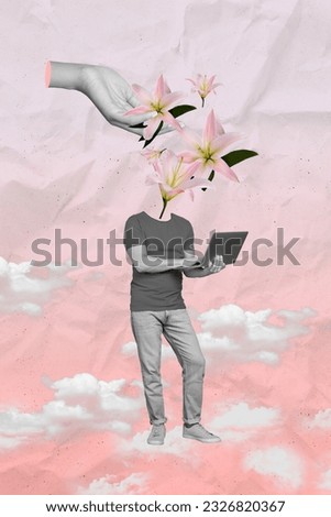Vertical collage image of black white effect arm hold fresh lily flowers instead mini guy head use netbook isolated on paper clouds sky background
