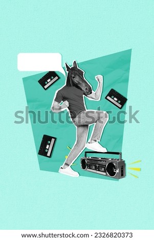 Vertical collage illustration head horse mammal animal mask man dancing listen cassette player tape record isolated on green background Royalty-Free Stock Photo #2326820373