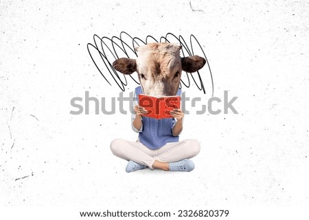 Composite collage picture of cow head person crossed legs sitting hold read book diary moo love isolated on painted white background