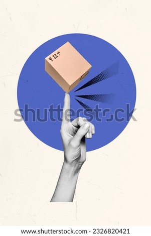 Vertical collage picture of black white colors arm finger hold spin mini carton box shipment isolated on creative background Royalty-Free Stock Photo #2326820421