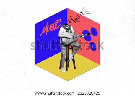 Composite collage picture image of man headless sitting chair stage playing guitar singer musical instrument musician melody music