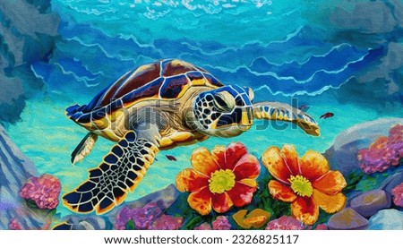 Oil painting,A turtle and flowers, in big sea.