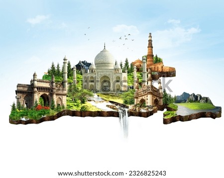 Indian map Collage of monuments heritage sites landmarks and tours and travel destinations. Royalty-Free Stock Photo #2326825243