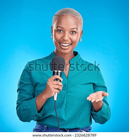 Woman, microphone and studio portrait for interview, news program or questions for talk show by blue background. Young African reporter, journalist or happy tv host with holding mic, speech and press