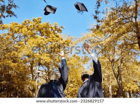 Graduation cap, students or friends and throw in air or sky for celebration, study success and achievement on campus. University people or graduate with college, school and education or scholarship