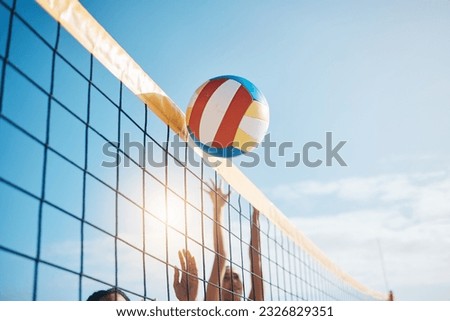 Volleyball, net with sports and fitness, blue sky and people outdoor playing game with training and summer. Exercise, athlete and competition, match with ball and active, workout and team tournament Royalty-Free Stock Photo #2326829351