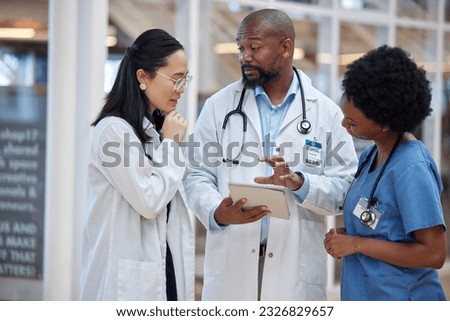Medical, team and doctor planning research in a hospital and talking about results as teamwork communication. Discussion, healthcare and professional group speaking about medicine strategy in clinic Royalty-Free Stock Photo #2326829657