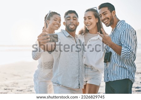 Happy friends, selfie and beach for memory, photo or picture in goofy or silly fun together in nature. Group of people with smile and peace sign on ocean coast for vlog, online post or social media