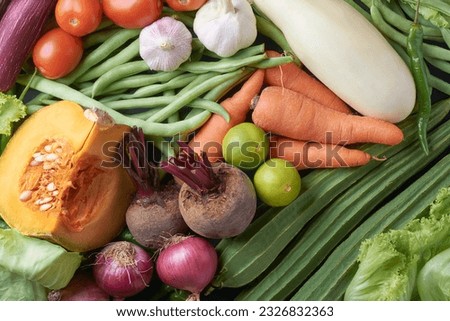 various healthy vegetables in full frame, food background taken straight from above, flat lay photography of healthy eating concept