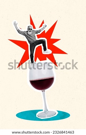 Creative collage advertisement party invitation pub red wine glass gourmet grandfather have fun feel young isolated on beige background
