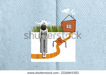 Photo collage artwork minimal picture of unhappy sad lady having home road closed isolated blue paper background