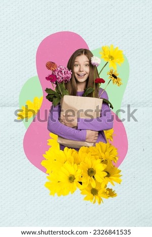 Greeting card collage congratulate illustration spring time girl teenager buy paper bag flowers bouquet isolated on blue background
