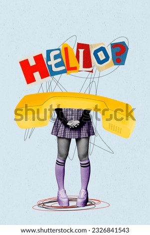 Collage of first day working girl shy call center company headless absurd telephone client support hello speech isolated on grey background