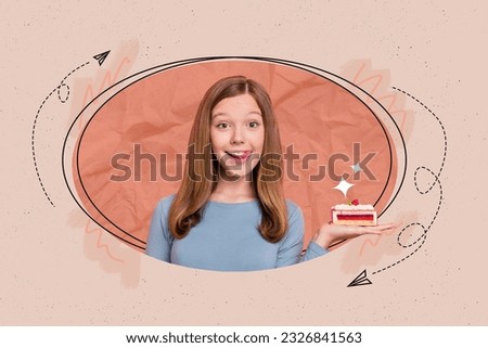 Collage portrait of cheerful girl tongue lick teeth arm palm hold piece yummy cake isolated on painted creative background