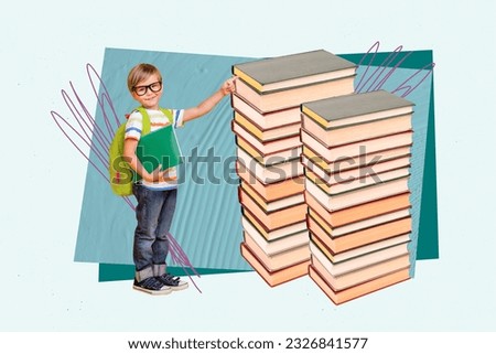 Artwork magazine collage picture of small little boy enjoying reading fairytales isolated blue color background