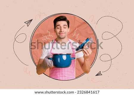 Collage picture of positive guy closed eyes arms hold saucepan enjoy smell scent isolated on creative drawing background