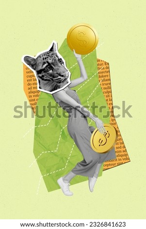 Vertical collage picture of black white colors girl leopard head arms hold money coins book page text isolated on green background