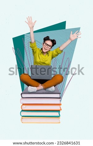 Vertical collage picture of positive overjoyed mini girl sit big pile stack book use netbook isolated on creative background