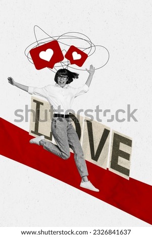 Collage artwork picture illustration promo advertisement marriage girlfriend running celebrate engagement isolated on white background