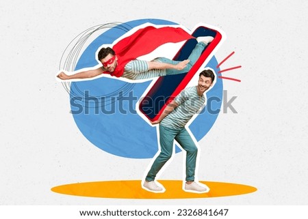 Artwork collage image of two excited mini guys hold big smart phone display flying super hero isolated on creative background