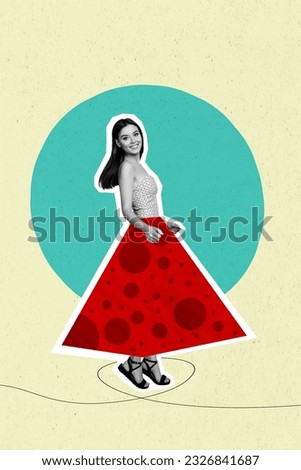Funky young beautiful lady collage promo picture wearing red stylish dress skirt dancing comics personage isolated on drawn background