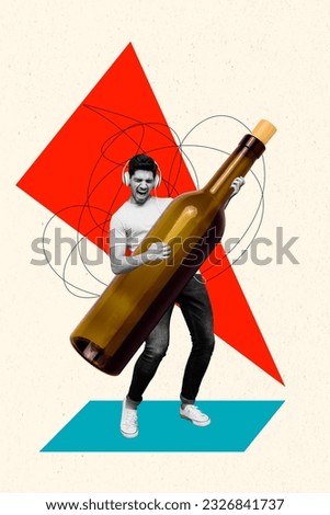 Photo collage artwork minimal picture of funky cool man playing wine bottle guitar isolated graphical background