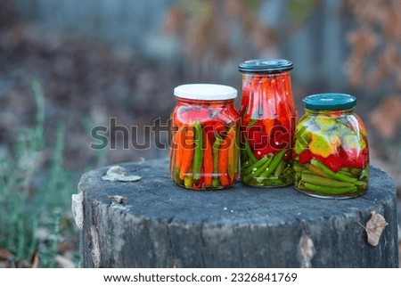 Three jars of canned red and green chili peppers in apple cider vinegar on an oak stump in a garden with fallen yellow and red leaves